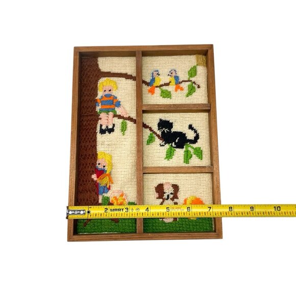 Vintage Needlepoint Childrens Room Kids Framed Climbing Tree Cat Nursery - Picture 9 of 10